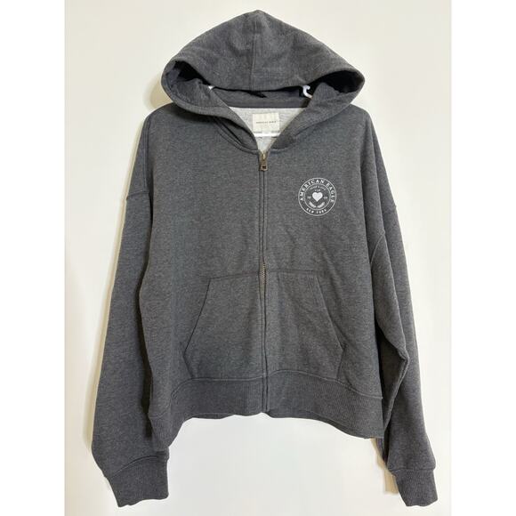 American Eagle Full Zip Hoodie Fleece Jacket Size Large Gray Graphic Pockets EUC - Picture 2 of 7